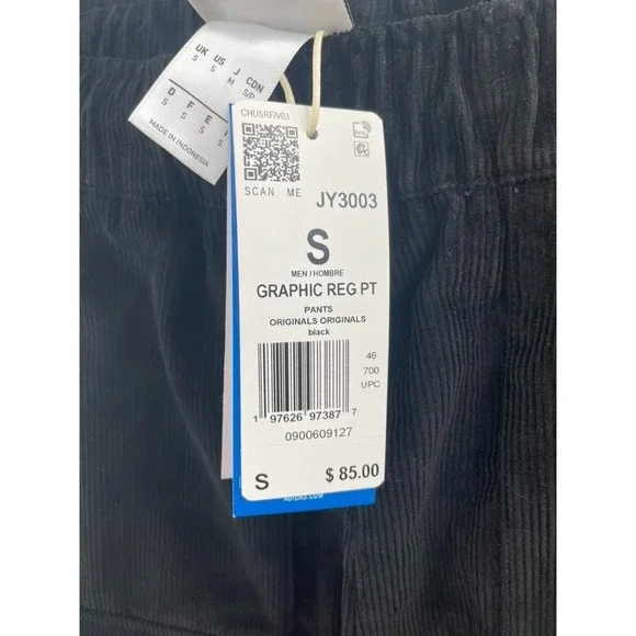NWT Adidas Graphic Regular Corduroy Pant Men's Small Black Elastic Waist Pockets